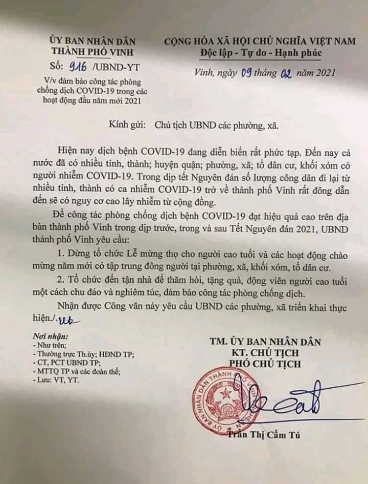 Dịch COVID -19 bùng phát, TP Vinh dừng tổ chức Lễ mừng thọ cho người cao tuổi ở trụ sở ảnh 1