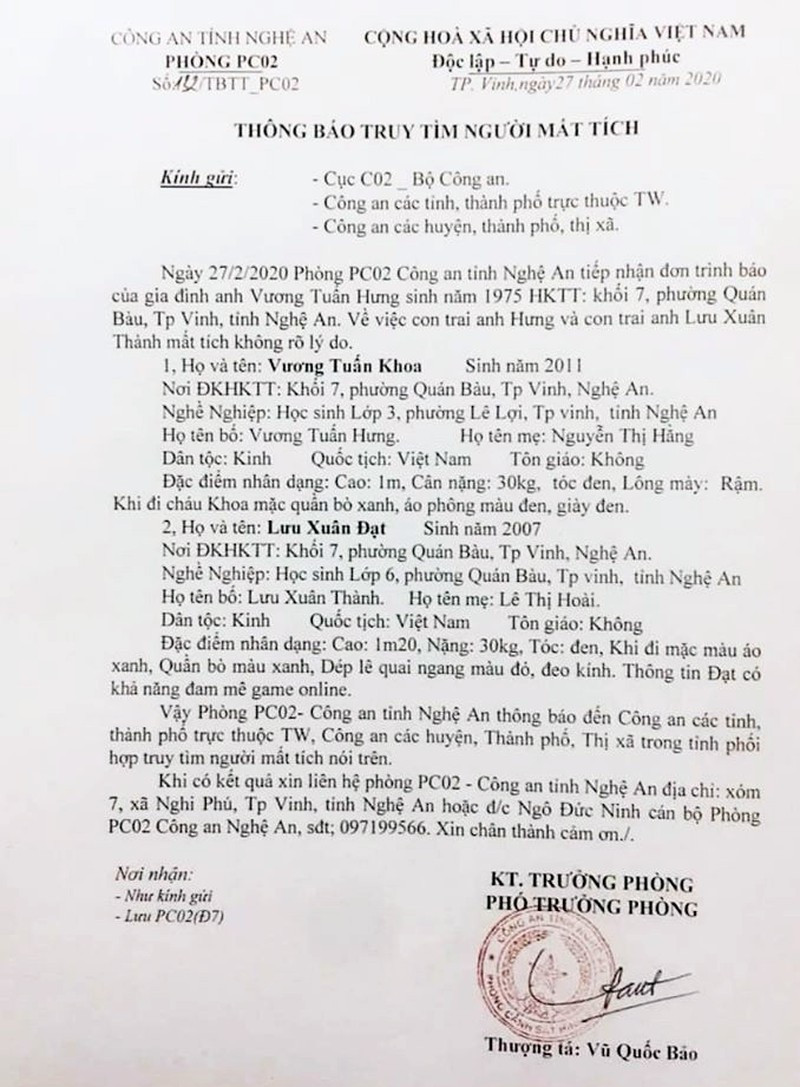 Công an Nghệ An phát thông báo tìm 2 trẻ em mất tích ảnh 1