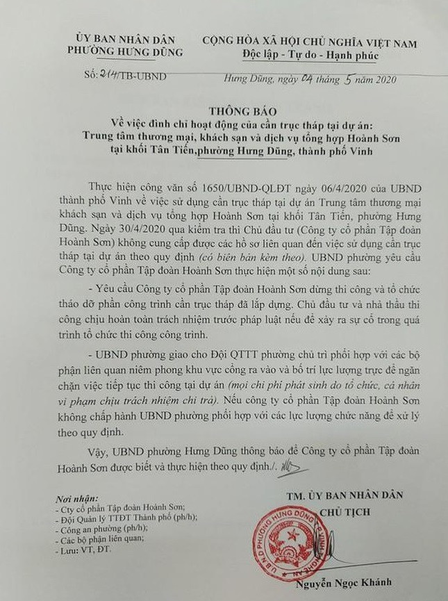 Niêm phong cổng, tháo dỡ cần trục tháp tại dự án 'khủng' ở Nghệ An ảnh 1