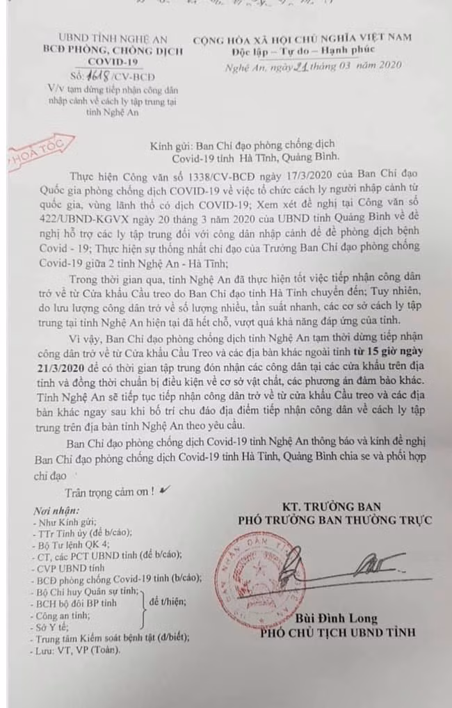 Nghệ An tạm dừng tiếp nhận công dân nhập cảnh từ Cầu Treo ảnh 1