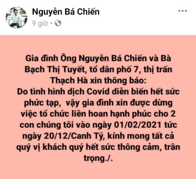 Cặp đôi ở Hà Tĩnh hoãn cưới 3 lần phòng dịch COVID-19 ảnh 1