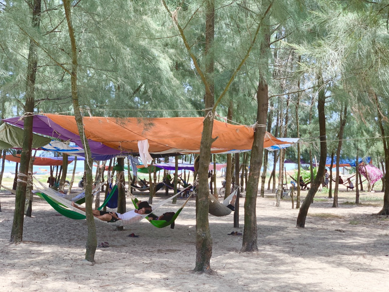 Dân Hà Tĩnh kéo nhau ra bờ biển dựng lán, mắc võng tránh nắng nóng ảnh 1