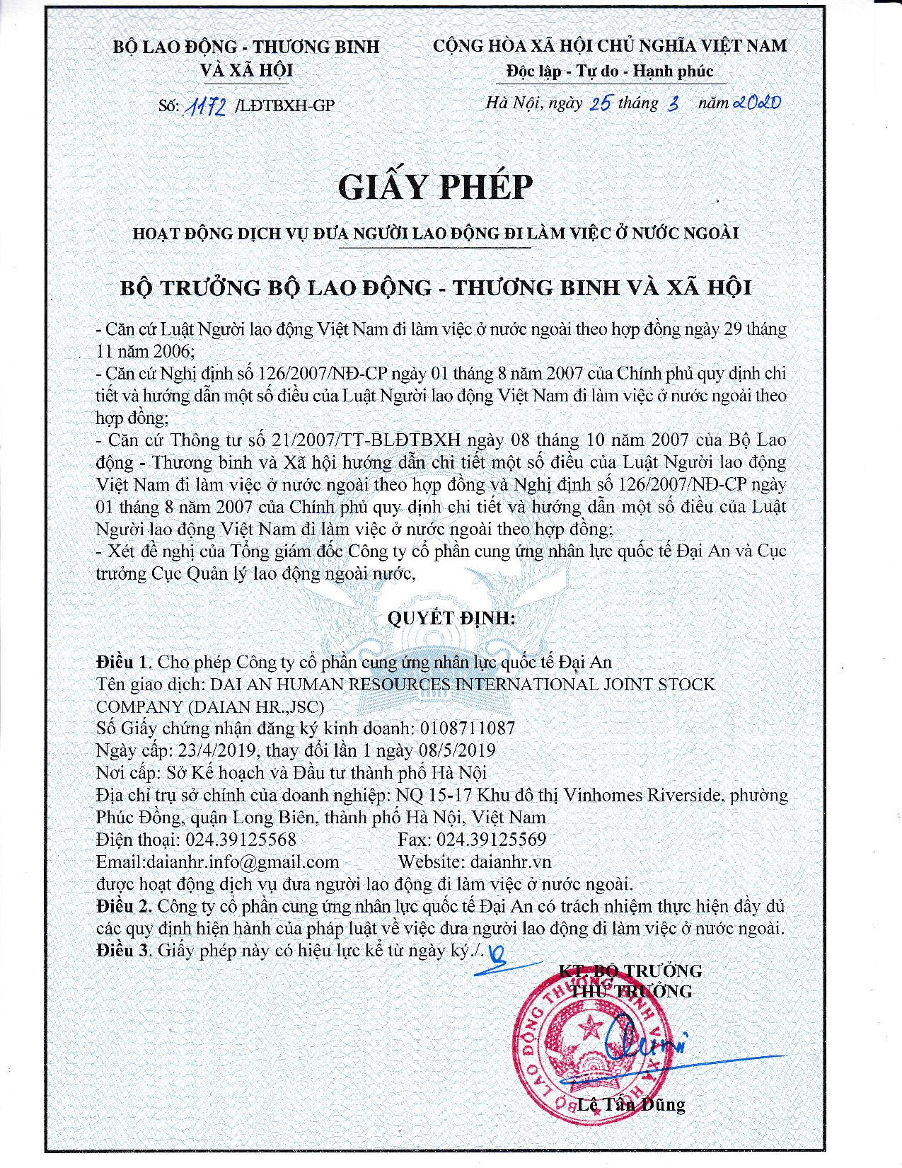 Công bố giấy phép công ty Cổ phần Cung ứng Nhân lực Quốc tế Đại An ảnh 1