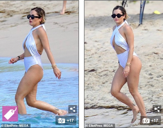 Rita Ora mặc áo tắm trắng mỏng tang lộ điểm nhạy cảm ảnh 1