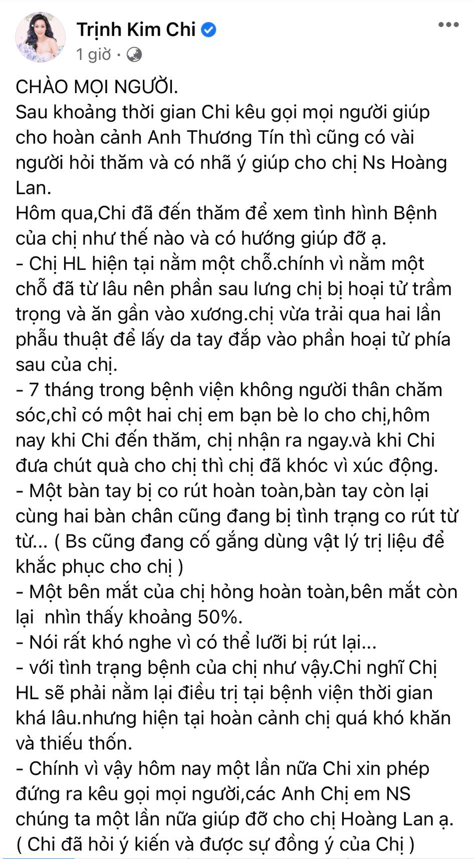 Trịnh Kim Chi tiết lộ tình hình sức khỏe nghệ sĩ Hoàng Lan và kêu gọi giúp đỡ ảnh 1