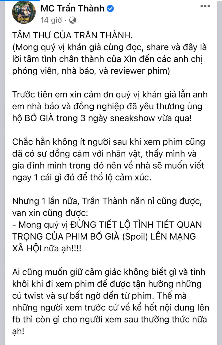 Dù đang gây 'sốt', Trấn Thành vẫn viết tâm thư mong mọi người 'hãy cứu lấy Bố Già' ảnh 2