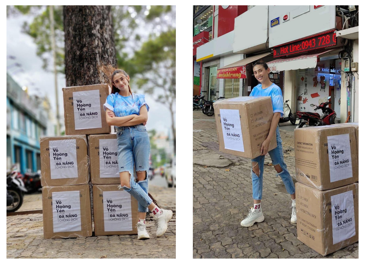 Võ Hoàng Yến tự tay bê từng thùng khẩu trang ủng hộ Đà Nẵng chống COVID-19 ảnh 2