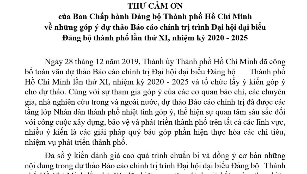 Thư của Thành ủy TPHCM cảm ơn người dân đã góp ý dự thảo Báo cáo chính trị trình Đại hội Đảng bộ TPHCM khóa XI, nhiệm kỳ 2020 - 2025 Ban Chấp hành Đảng bộ TPHCM cảm ơn người dân ảnh 1
