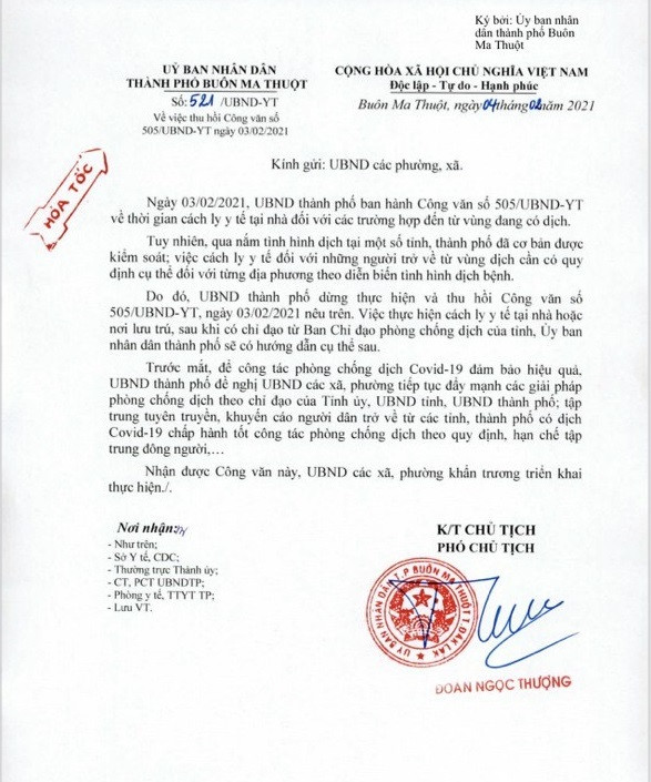 Thu hồi văn bản yêu cầu người dân cách ly phòng COVID ảnh 1