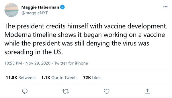 Maggie Haberman - phóng viên/ nhà phân tích chuyên tin tức Nhà Trắng của Thời báo New York - cho rằng Tổng thống Trump nhận công cho vắc-xin của Moderna là... sai. Ảnh: Twitter. Tổng thống Trump nhận hết công về vắc-xin COVID-19, mọi người bảo “nhầm nhưng cũng tốt” ảnh 4
