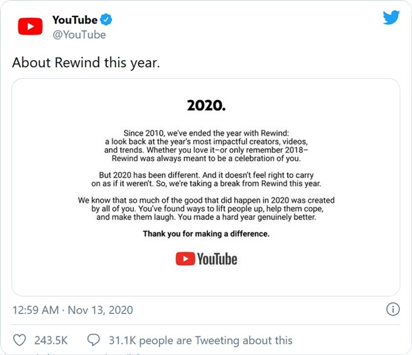 Thông báo của YouTube. YouTube thông báo sẽ không làm video nhìn lại năm 2020, cư dân mạng tranh cãi về lý do ảnh 2