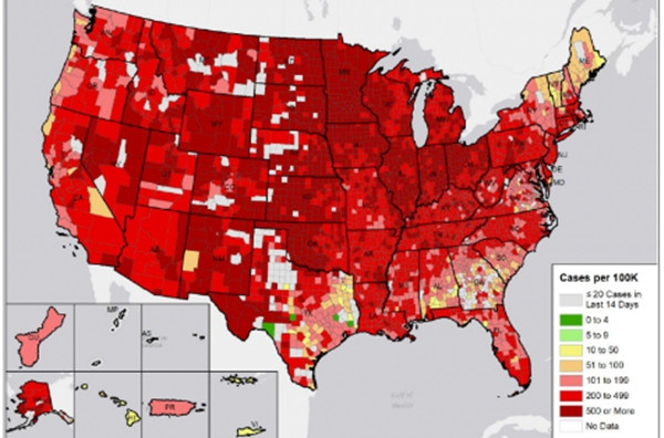 Bản đồ COVID-19 Mỹ chuyển màu đỏ quạch đáng sợ, gần như cả nước Mỹ trở thành “điểm nóng“ ảnh 1