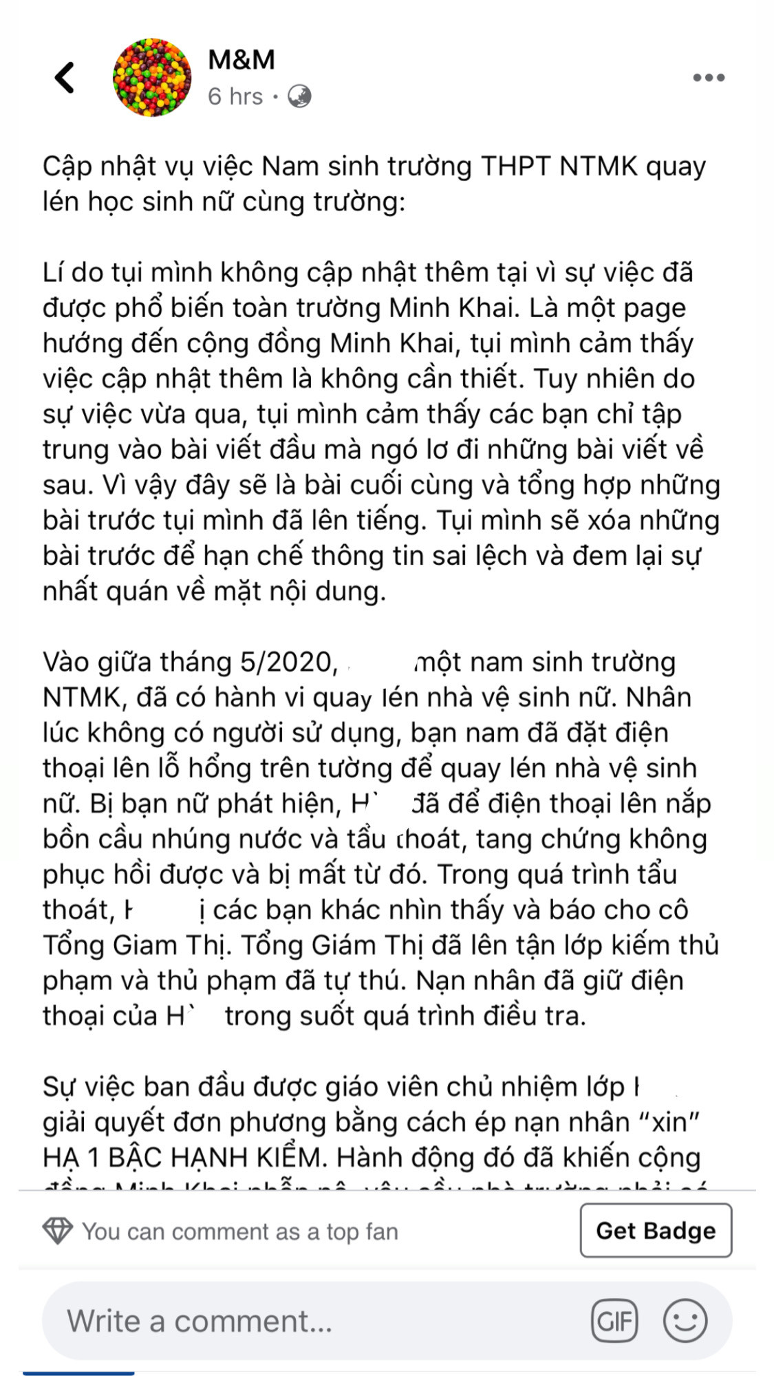 Kênh thông tin do học sinh Minh Khai lập ra lên tiếng về vụ việc. Sự việc quay lén WC nữ trường THPT Nguyễn Thị Minh Khai: Nạn nhân và thủ phạm lên tiếng ảnh 2