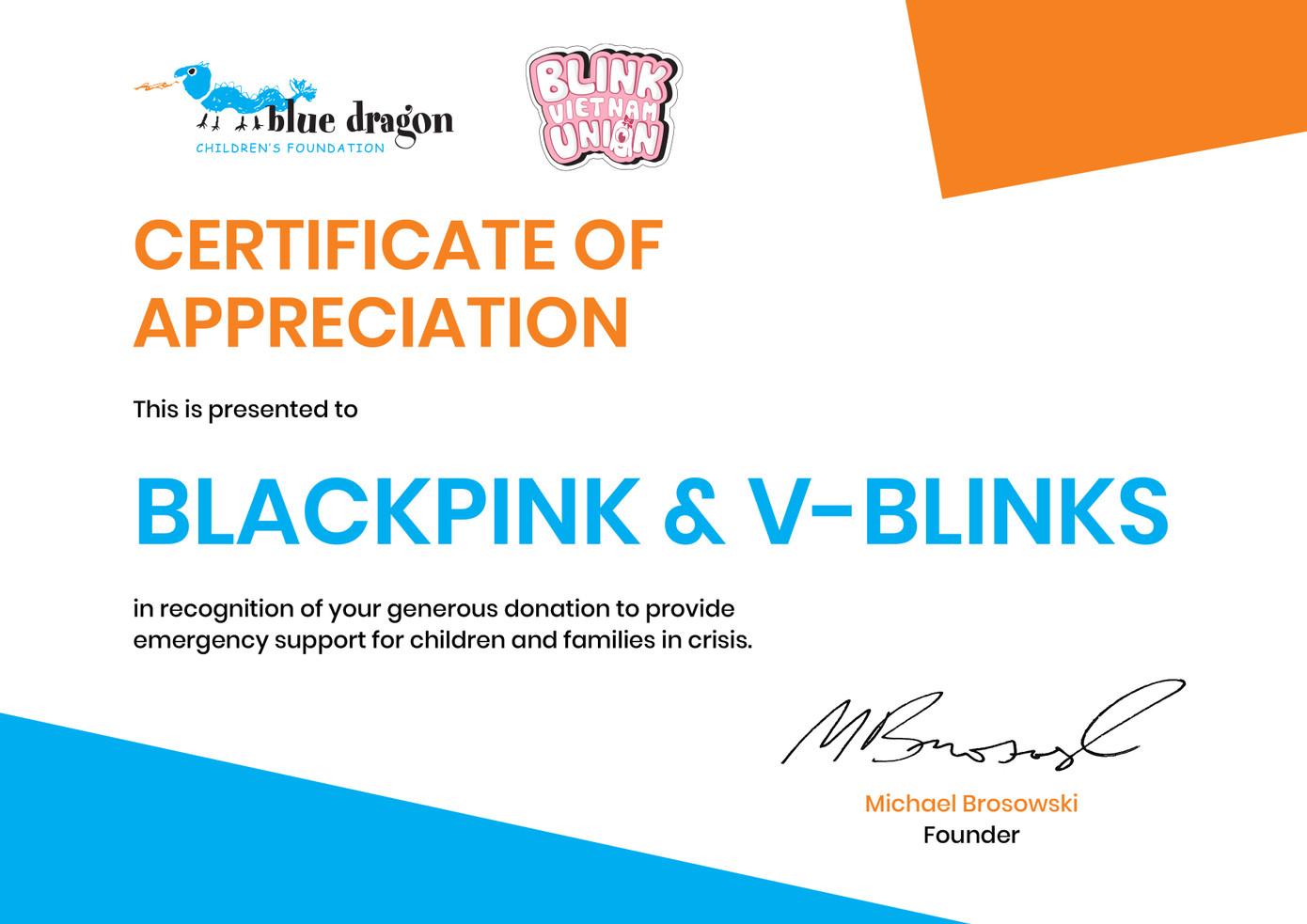 Chứng nhận từ tổ chức Blue Dragon về khoản đóng góp từ Blink Vietnam Union dưới tên BLACKPINK và V-Blinks - Ảnh: V-Blink V-Blink thực hiện loạt dự án ý nghĩa mừng kỉ niệm 4 năm ra mắt của BLACKPINK ảnh 2
