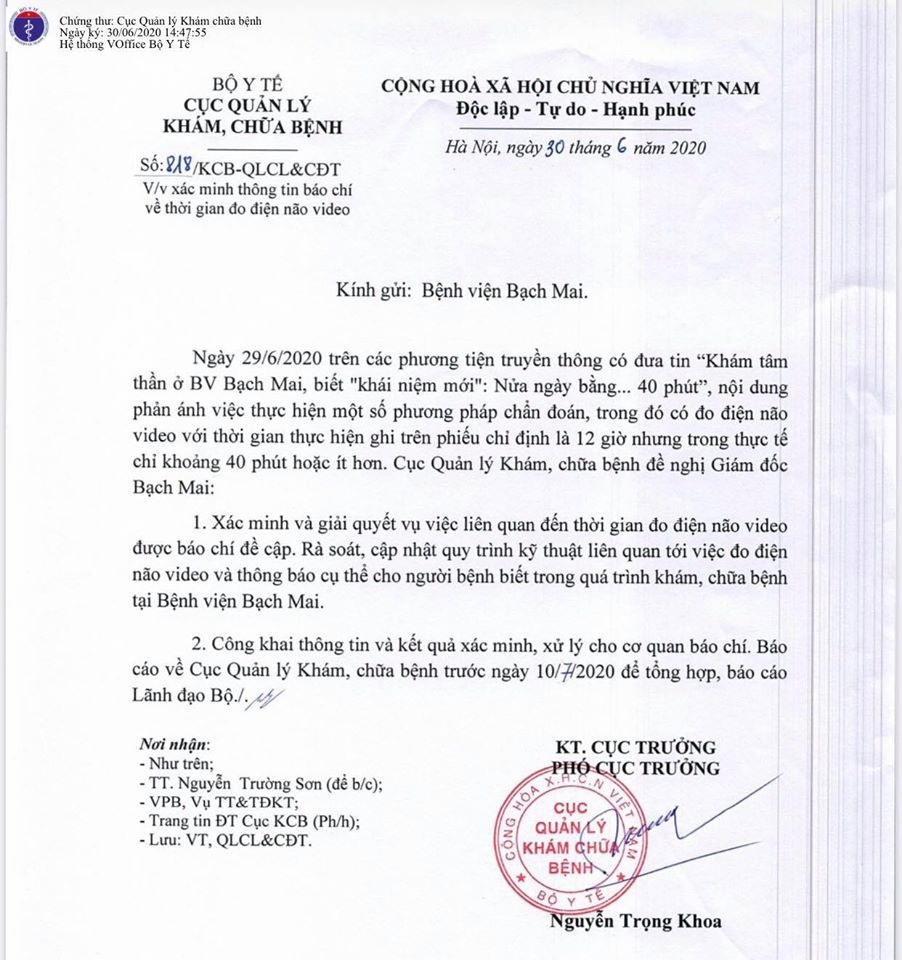 Bộ Y tế vào cuộc vụ đo điện não video 'nửa ngày bằng... 40 phút' tại BV Bạch Mai ảnh 1