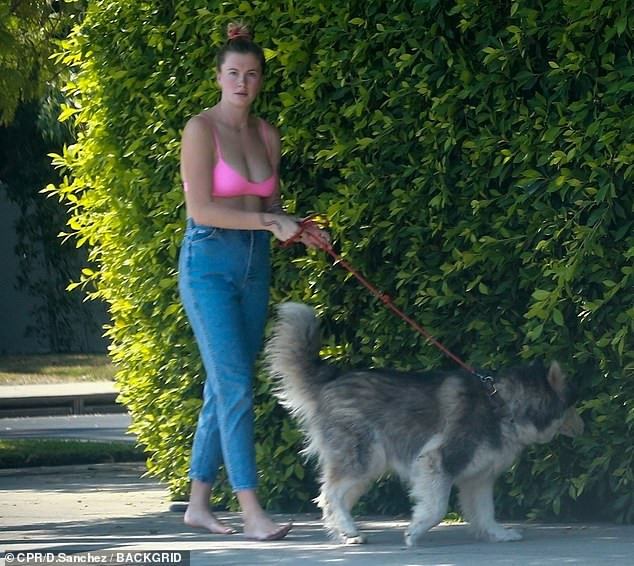Ireland Baldwin mặc áo lót khoe ngực táo bạo dắt chó đi dạo ảnh 1