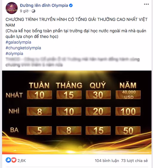 Tiết lộ tiền thưởng quán quân Đường lên đỉnh Olympia năm thứ 20 ảnh 1