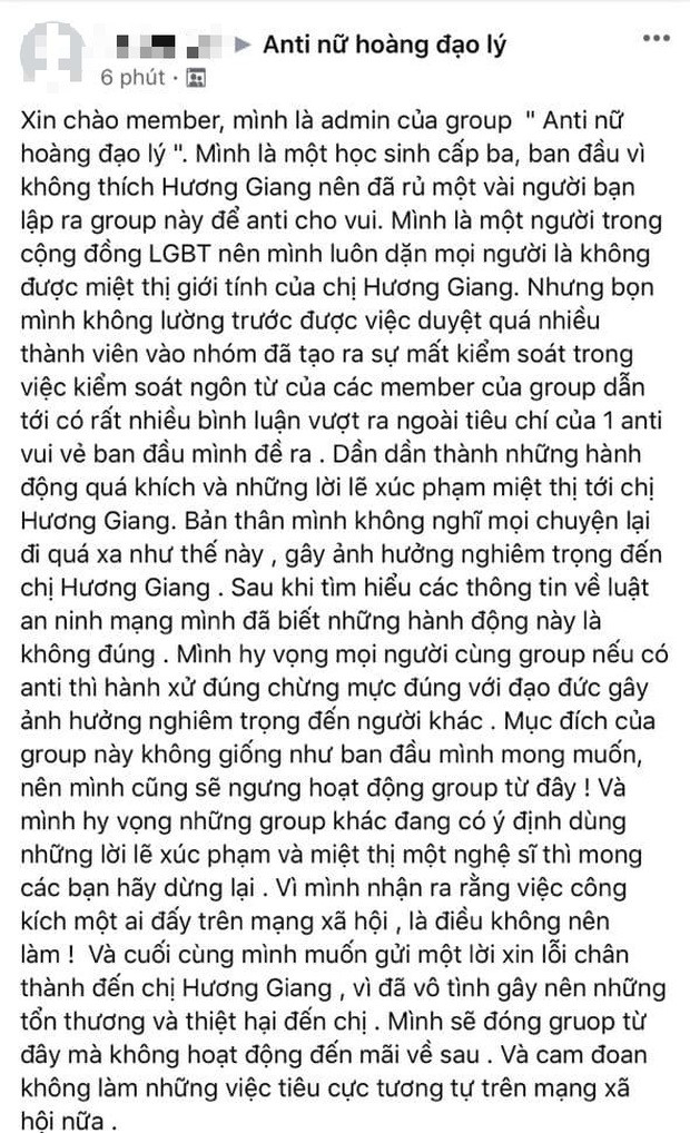 Admin nhóm anti-fan Hương Giang đang là học sinh trung học, đã gửi lời xin lỗi nàng Hậu ảnh 3