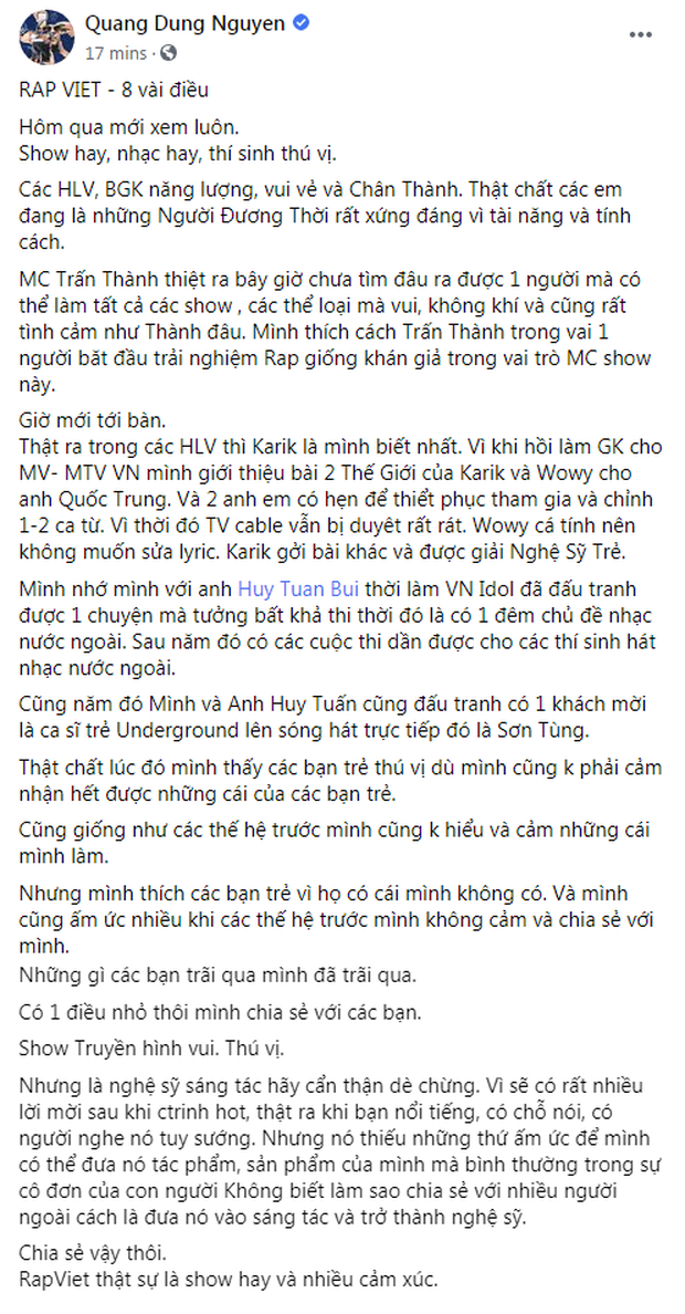 Đạo diễn Quang Dũng, nhạc sĩ Huy Tuấn tặng ‘mưa' lời khen cho ‘Rap Việt’ và MC Trấn Thành ảnh 2