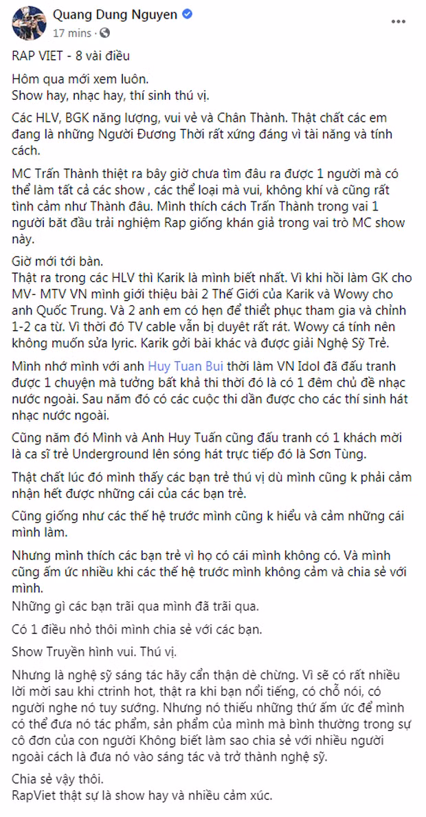 Đạo diễn Quang Dũng, nhạc sĩ Huy Tuấn tặng ‘mưa' lời khen cho ‘Rap Việt’ và MC Trấn Thành ảnh 2