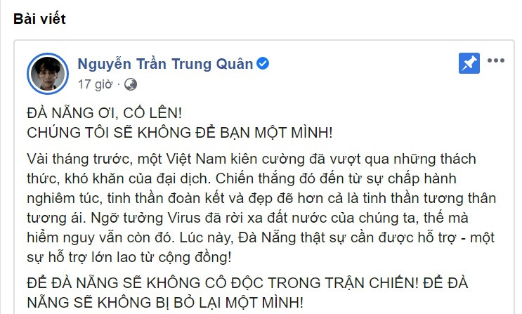 Nguyễn Trần Trung Quân gây quỹ, ủng hộ Đà Nẵng nhu yếu phẩm phòng chống dịch Covid-19 ảnh 1