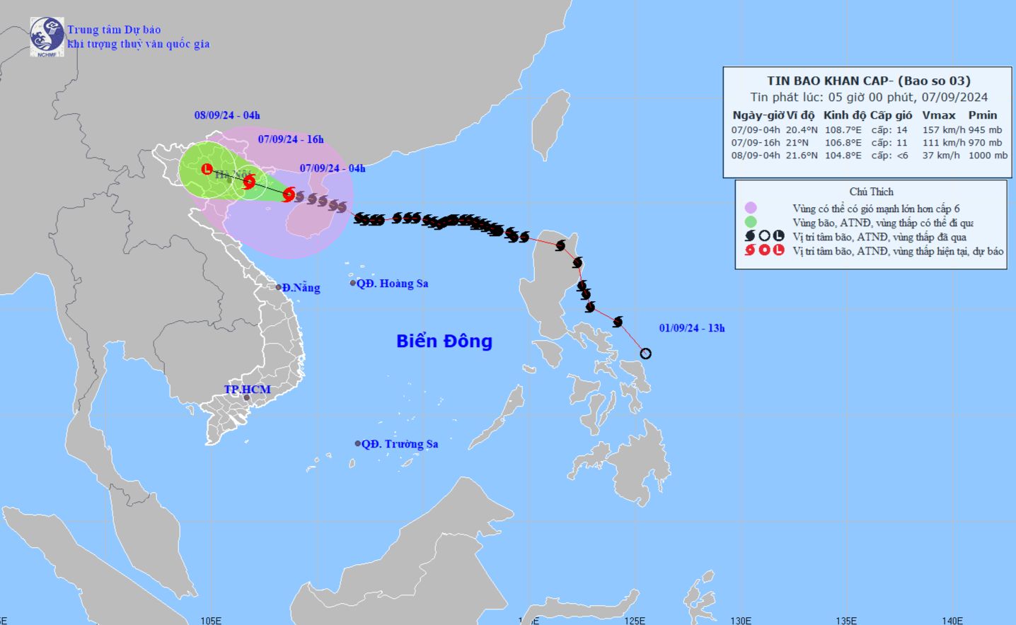 Vị trí và hướng di chuyển bão số 3 lúc 5h sáng 7/9. Vị trí và hướng di chuyển bão số 3 lúc 5h sáng 7/9.