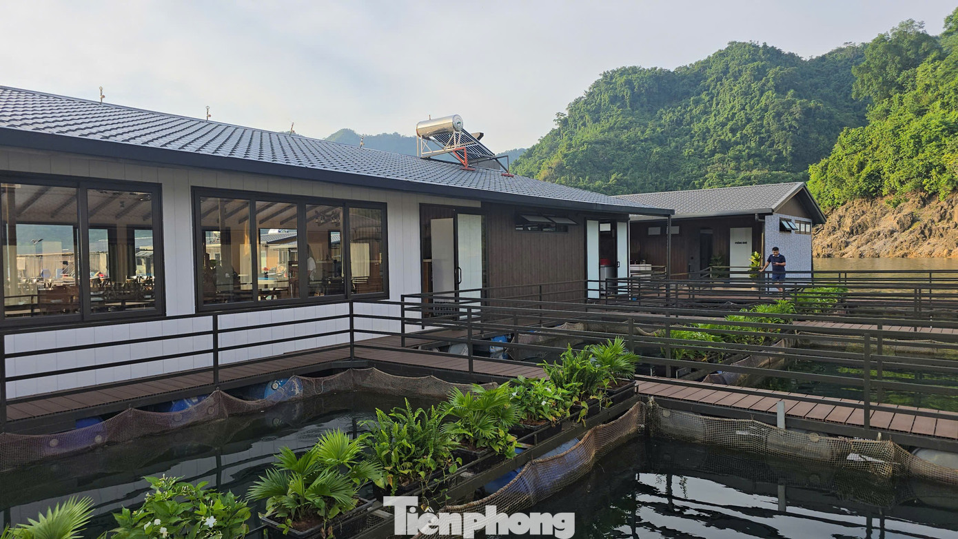 Trong ảnh là Seper Island – Homestay nổi và Câu lạc bộ thể thao nước nằm ở cuối hồ, thuộc địa phận xã Đà Bắc. Những căn homestay được thiết kế bề thế trên các thùng phuy nhựa. Đây là khu vực cấp phép cho Công ty TNHH Cá Tầm Việt Đức nuôi thử nghiệm cá tầm nhưng công ty này đã đầu tư thành nhà nghỉ, nơi vui chơi thể thao dưới nước mạo hiểm. tp5.jpg
