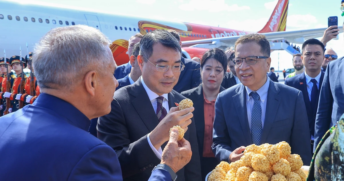 Thủ tướng Lê Minh Hưng thưởng thức bánh mì muối, kẹo trắc-trắc tại lễ đón ở sân bay Kazan