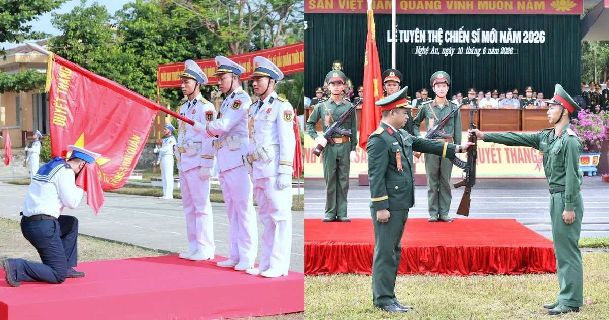 Chiến sĩ mới nhận vũ khí và tuyên thệ dưới Quân kỳ Quyết thắng