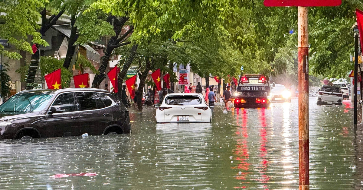 Nhiều ôtô mắc kẹt giữa biển nước ở Quảng Ninh
