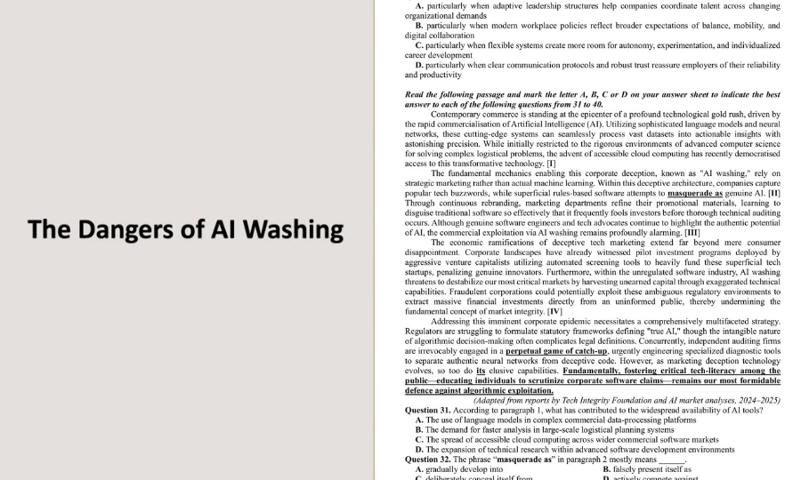 Nội dung đề thi tiếng Anh khảo sát lớp 12 về "AI Washing" đang gây sốt cụ thể thế nào?