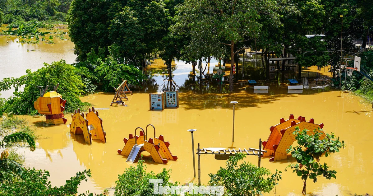 Nước sông Hồng dâng cao, khu dân cư ngập gần tới mái nhà