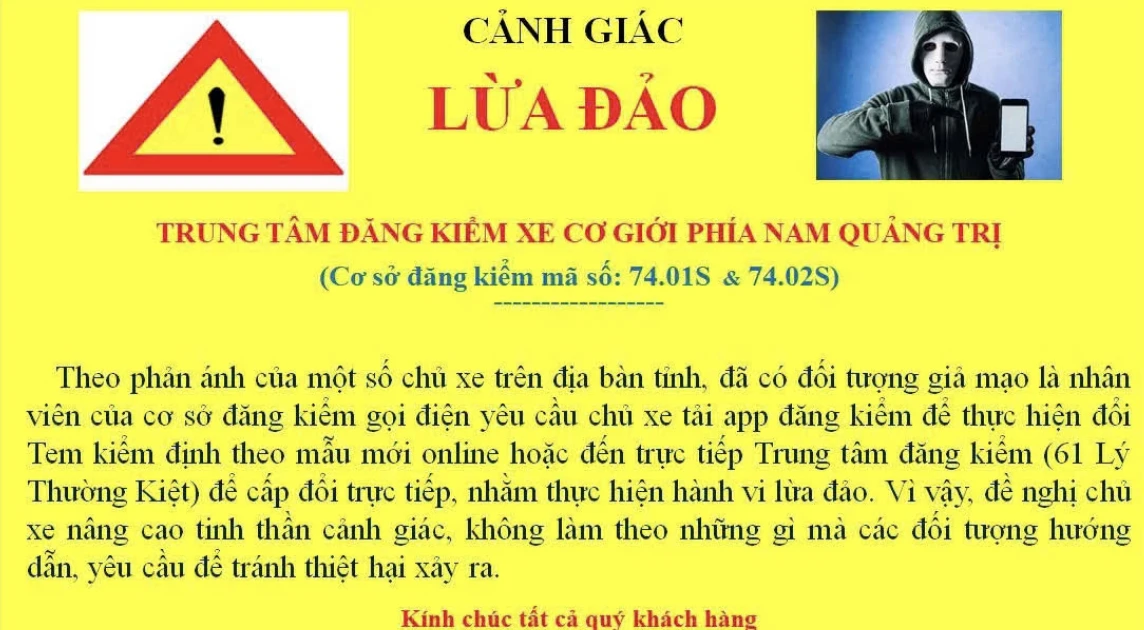 Quảng Trị cảnh báo lừa đảo đổi tem kiểm định ô tô qua điện thoại
