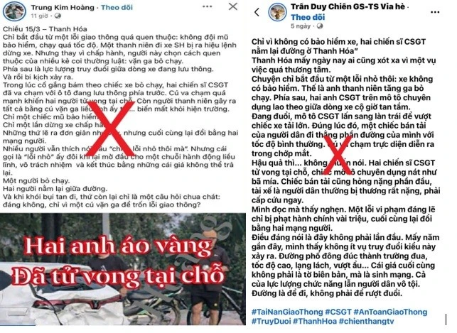 Thông tin 2 chiến sĩ Cảnh sát giao thông Thanh Hóa gặp nạn khi truy đuổi người vi phạm là bịa đặt