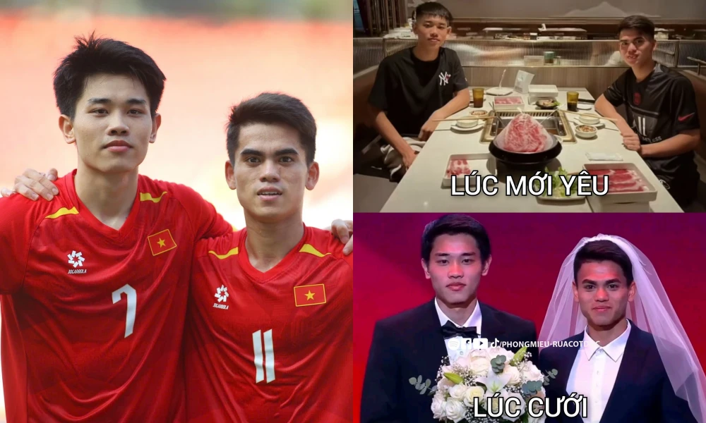Dân mạng hài hước ghép cả "ảnh cưới" cho cặp đôi U23 Văn Khang và Đình Bắc