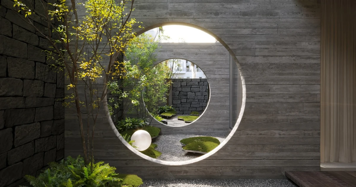 Thiết kế sân vườn villa cực kỳ thú vị với cổng vòm và cây xanh lơ lửng