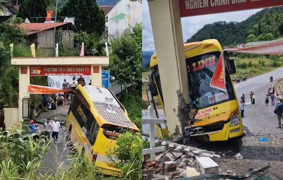 Xe giường nằm mất phanh, lao vào cổng trường ở Tuyên Quang