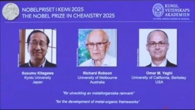 Giải Nobel Hóa học 2025 thuộc về 3 người tạo ra khung kim loại hữu cơ