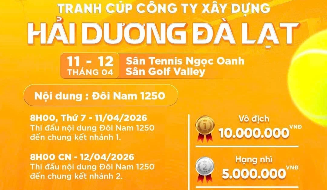 Giải quần vợt Tennis Lâm Đồng ngày 11-12/4 gây quỹ tiếp sức học sinh nghèo đến trường