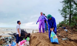 Hơn 200 người 'vá đê biển' phòng chống bão Bualoi