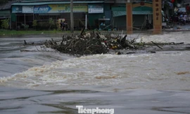 Nước lũ cuồn cuộn đổ về, cầu ngập sâu cả mét