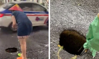 Hố sụt sâu gần 1m giữa lòng đường Hà Nội