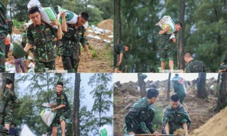 Công an, quân đội 'đội mưa' vác cát leo mái nhà, bê đá kè đê biển khi bão Kajiki sắp đổ bộ