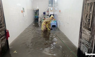 Mưa lớn, người dân Hà Nội dậy từ sớm tinh mơ che chắn cửa nhà ngăn nước