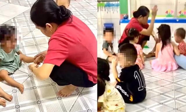 Bảo mẫu đánh, búng dây thun khiến trẻ khóc thét tại trường mầm non. Ảnh cắt từ video