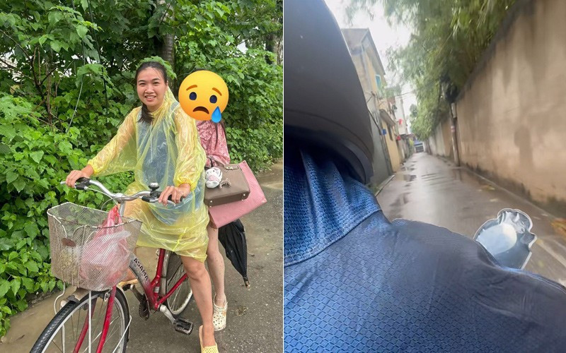 Chị Lan (ngồi sau xe đạp) được người lạ giúp đỡ trong ngày nhiều tuyến đường ở Hà Nội ngập sâu. bao-so-5.jpg