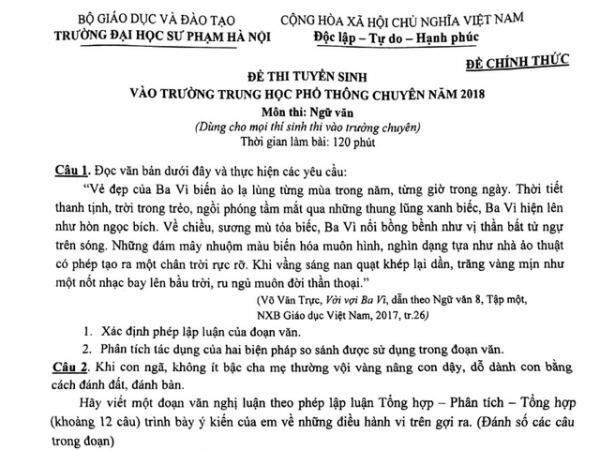 Đề Văn lớp 10 chuyên ĐH Sư phạm: Không có điểm mới lạ, phổ điểm chung là 7