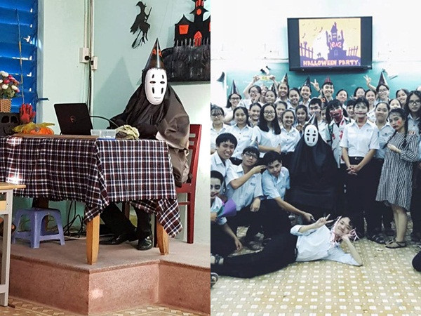Thầy giáo Khánh Hoà hóa thành Vô Diện trong tiệc Halloween ở lớp