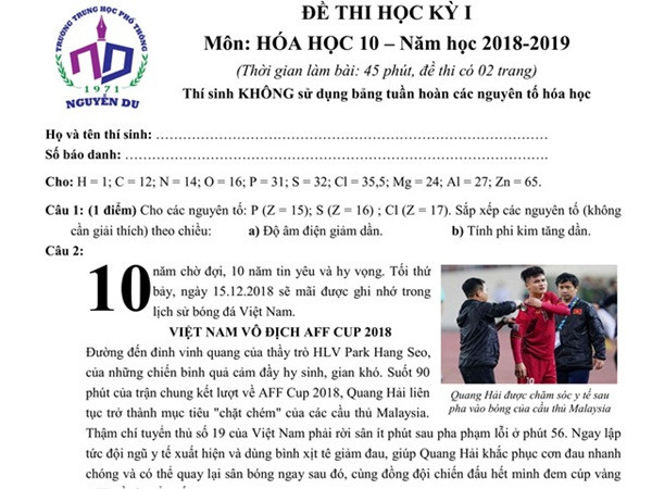Học sinh Sài Gòn bất ngờ khi Quang Hải xuất hiện trong đề thi Hóa
