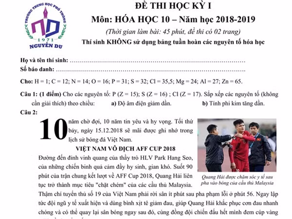 Học sinh Sài Gòn bất ngờ khi Quang Hải xuất hiện trong đề thi Hóa